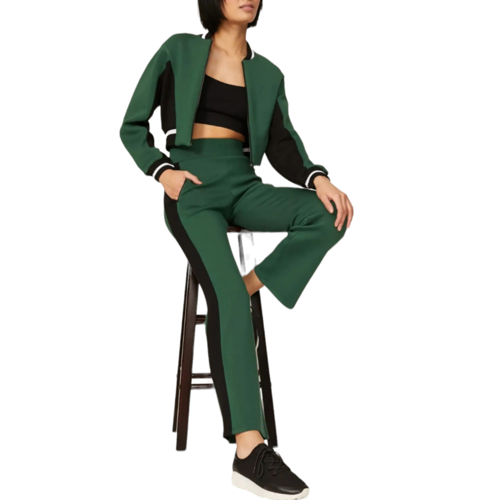 Michi Carve Cropped Jacket & Flare Track Pants Colorblock Set S New Green Black